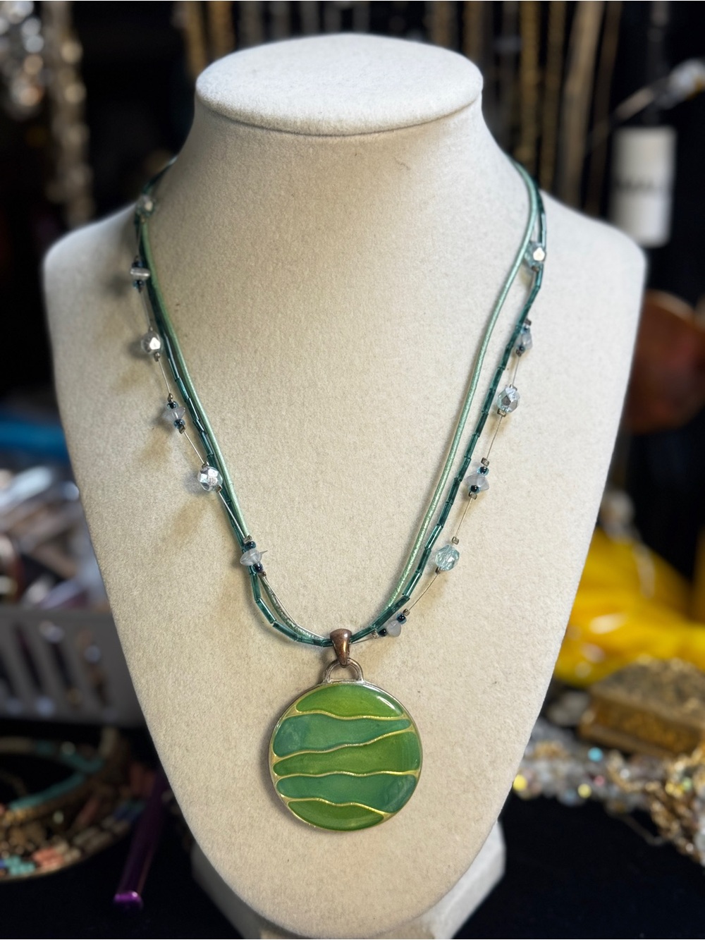 Kenneth Cole Green Layered Round Pendant Necklace